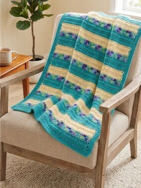 NWT Handmade Crochet Baby / Lap Blanket Blue Yellow Multi